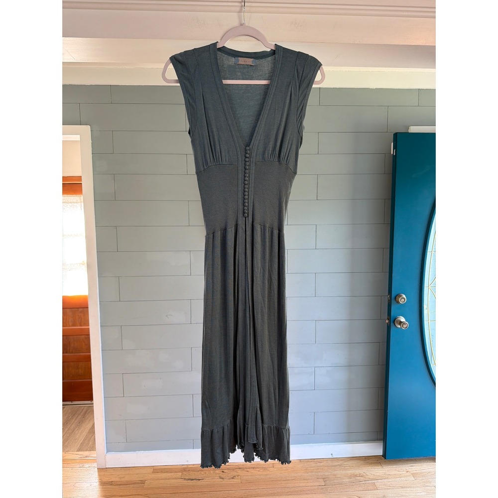 Beatrix Ost Sleeveless V-Neck Midi Dress Slate Blue Ribbed Empire Waist Ruffle M